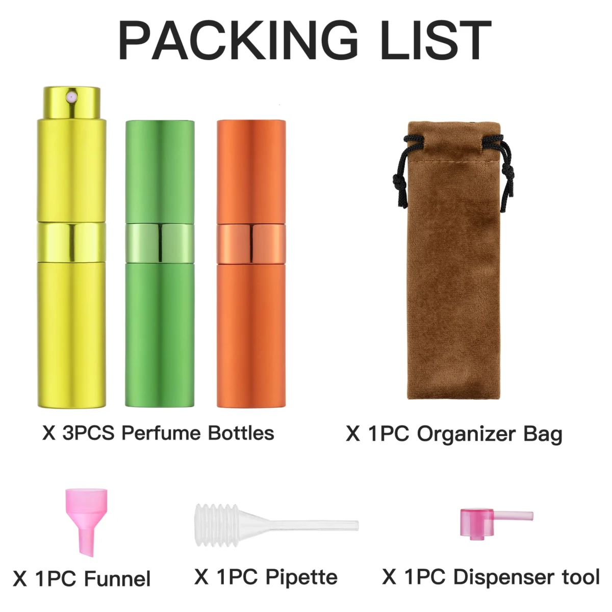 LISAPACK 8ML Portable Perfume Atomizer 3 Pack Set - Yellow, Green, Orange_2