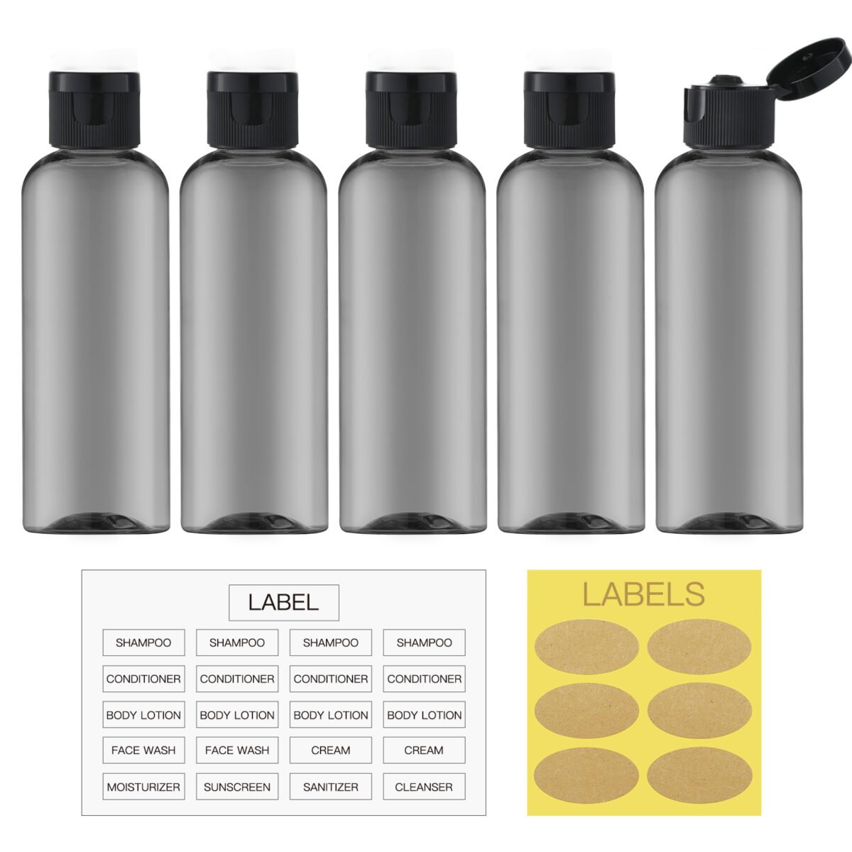 Black 3.4Oz Travel Bottles with Flip Cap 5 Pcs_2