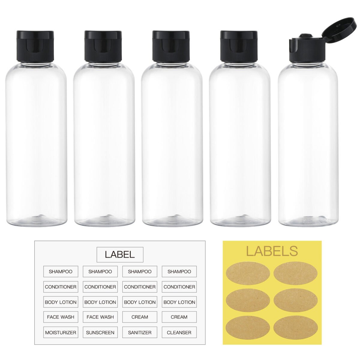 Clear 3.4Oz Travel Bottles with Black Flip Cap 5 Pcs