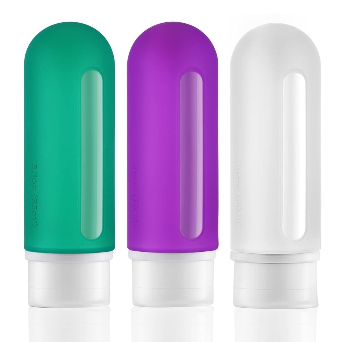 Silicon Travel Bottles 3oz for Shampoo, Toothpaste, Conditioner and Body Cream_3 Pack Green White Purple