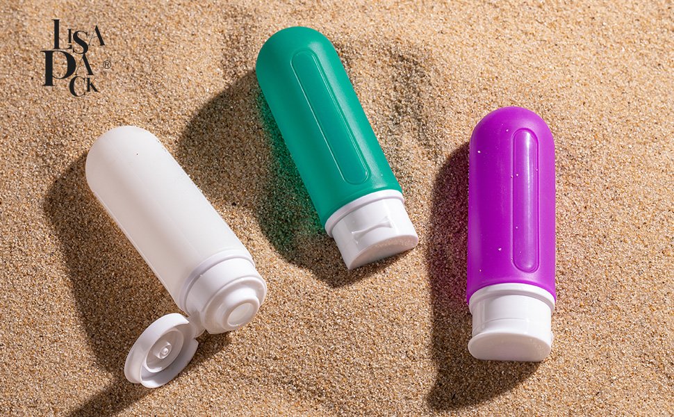 Silicon Travel Bottles 3oz for Shampoo, Toothpaste, Conditioner and Body Cream_3 Pack Green White Purple_Details_1