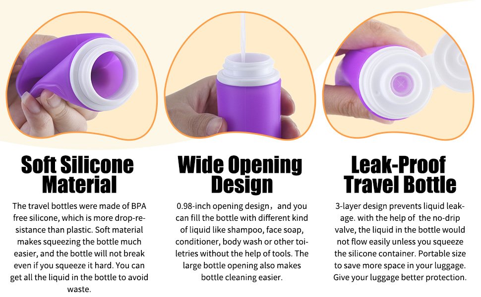 Silicon Travel Bottles 3oz for Shampoo, Toothpaste, Conditioner and Body Cream_3 Pack Green White Purple_Details_2